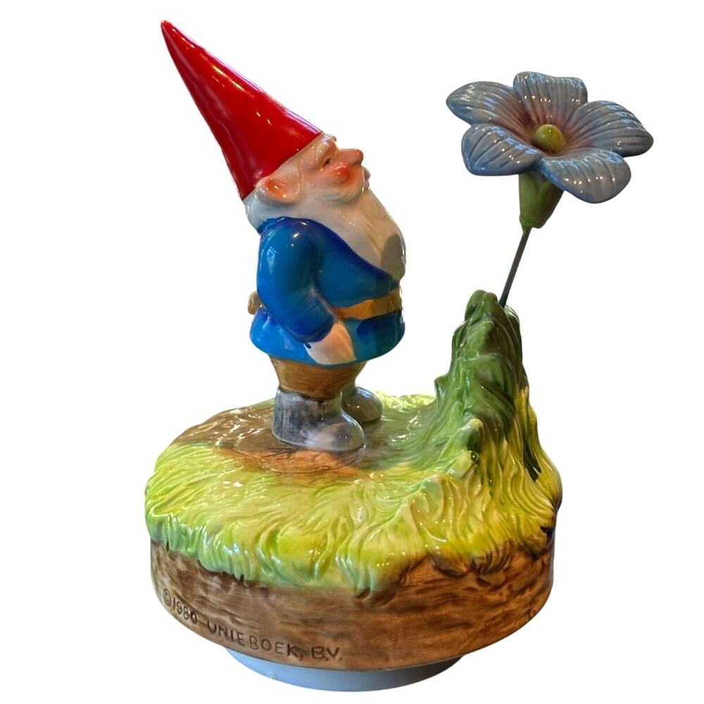 VTG 1980 Gorham Unieboek Ceramic Gnome Music Box, Hand Painted, Plays Edelweiss